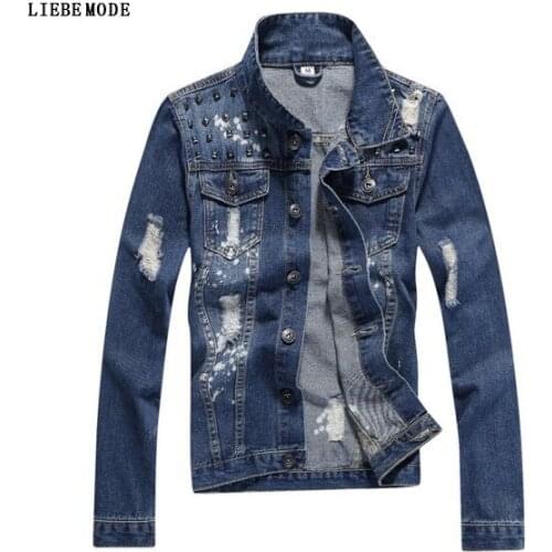 Punk Male Slim Fit Denim Jacket Men Hip Hop Ripped Jeans Jacket Mens Outerwear Mens Spring Autumn Hiphop Jackets Coats Rivets