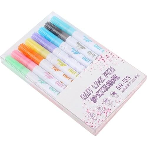 8 Colors Metallic Double Lines Art Markers Out Line Pen Stationery Art Drawing Pens For Calligraphy Lettering Scrapbooking Lbs
