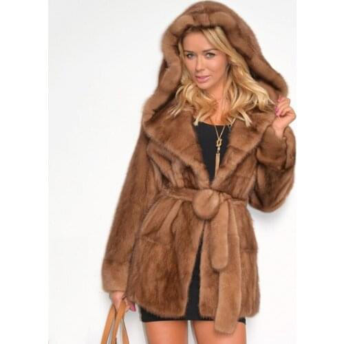 Fashion Brown Hooded Natural Mink Fur Coats for Women 2021 Trendy Woman Genuine Mink Fur Coats Long with Fur Belt Slim Female