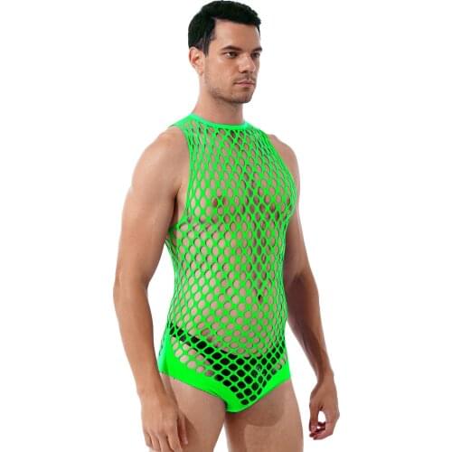 Mens Lingerie Hollow Out Stretchy Bodysuits Halter Neck Sleeveless Teddies See-through Netted Sexy Bodystockings Nightwear