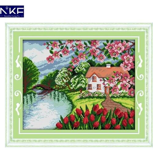 NKF Cabin with The Fragrance of Flowers Cross Stitch Pattern Needlework Set Embroidery Kit Scenery Cross Stitching Home Decor