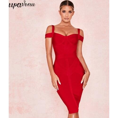 2019 Summer New Bodycon Bandage Dress Women Vestido Sexy V-neck Strapless Dress Midi Sexy Party Dress