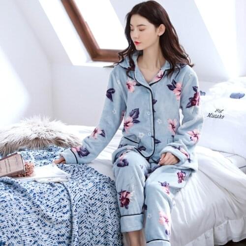 Sky Blue Sleepwear Sets For Women Lovely Flower Pattern Pajamas Flannel Long Sleeve Home Wear Printed Pajamas Femme Pijama