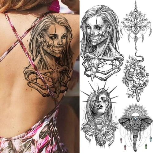 Realistic Scary Vampire Fashion Back Temporary Tattoos For Women Girl Skull Skeleton Hallowen Snake Fake Tattoo Body Art Tatoo