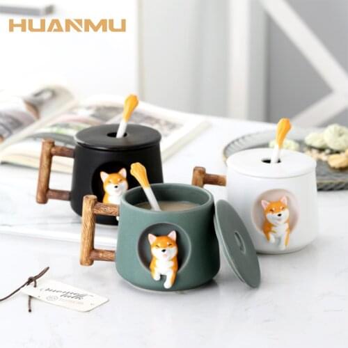 Shiba Inu Embossed Cartoon Ceramic Cup Creative Mug With Lid Spoon Couple Home Drinking Cup Drinkware Coffee Milk Espresso Gift