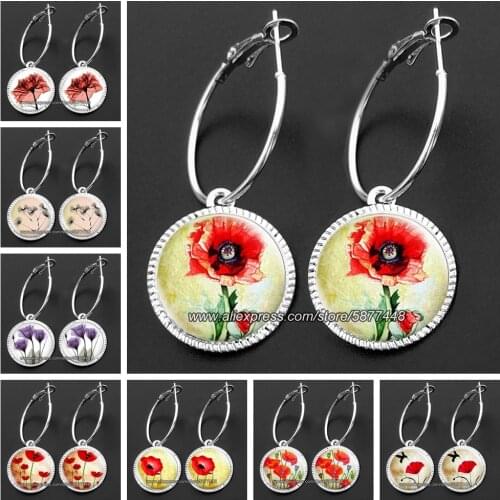 New Red Poppy Flower Women Hoop Earrings Rose Dangle Earrings Beautiful Round Glass Dome Field of Poppies Flower Drop Earring