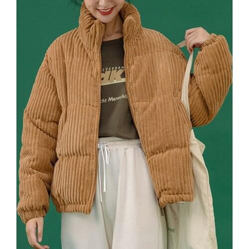 Autumn Stand Collar Corduroy Women Parkas Simple Solid Zipper Winter Parkas Woman Fashion Casual Long-Sleeved Womens Top Coat