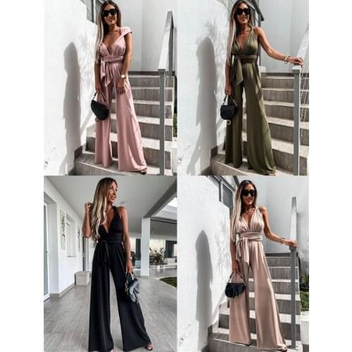 Leosoxs 2021 Summer Fashion New Bodycon Casual Women Jumpsuits Sexy Deep V Neck Sleeveless Belt Loose Wide Leg Ladies Jumpsuits