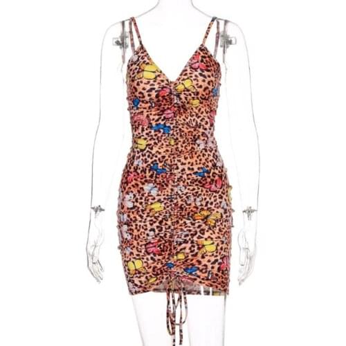 Women Summer Sleeveless Ruched Drawstring Mini Bodycon Dress Leopard Colorful Butterfly Print Sexy V-Neck Backless Party Clubwea