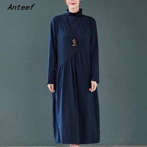 Long sleeve cotton knitted vintage for women causal loose spring autumn dress elegant clothes 2021 ladies dresses