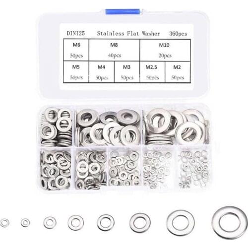 360Pcs M2-10 Stainless Steel Flat Washers Plain Silver Sealing Ring Washer Gasket Assortment Kit Hardware Accessory