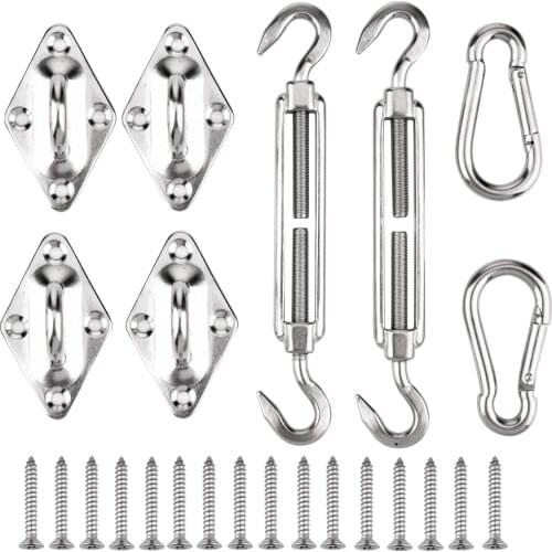 8Pcs Sun Shade Sail Canopy Accessories Stainless Steel Hardware Kit Turnbuckle Pad Eye Carabiner Clip Hook Screws Silver