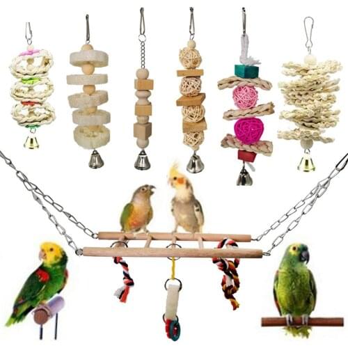 8Pcs/Set Bird Parrot Toys Wooden Hanging Swing Hammock Climbing Ladders Perches Toy Parakeet Cockatiels Bird Cage Supplies