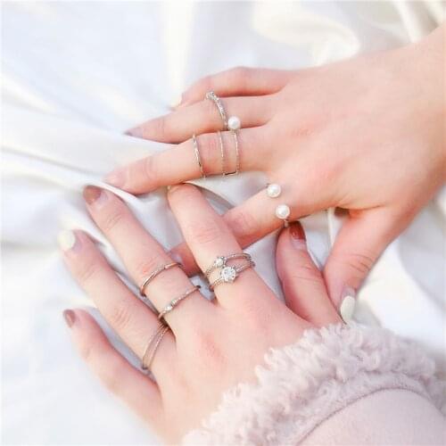 8pcs/set Vintage Punk Silver Color Cuff Ring Set for Women Men Fashion Retro Pearl Bead Open Finger Ring Fashion Party Jewelry