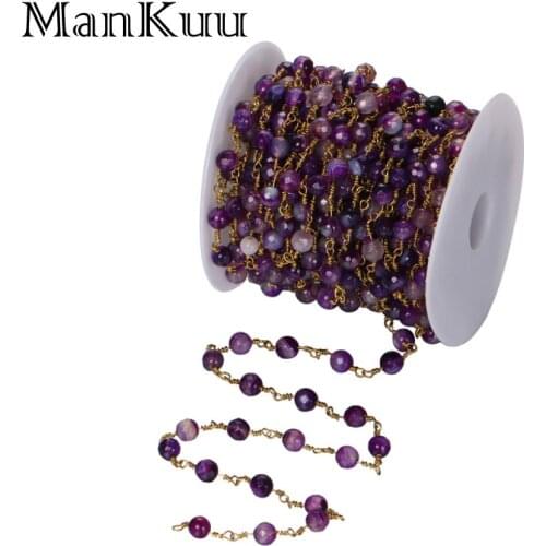 Mankuu 6mm Faceted Natural Rhinestone Purple Agates Round Bead Chains Gold Plating Brass Copper Chains For Jewelry Making 5M/Lot