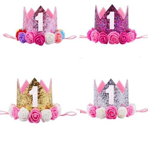 Kids Baby 1st Birthday Hat Glitter Crown Headwear Flower Head Hair Band Party Headwear 1X