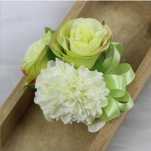 DIY 10Pcs White add Green Handmade Silk Rose Corsage&Wrist Flowers Groomsman Article Flowers Wedding Party Decorative Flowers