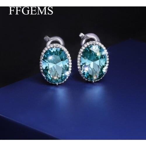 FFGems 100% Sterling silver big Earrings Green crystal light blue gemstone Oval Cut Fine Jewelry For Women girl Wedding 2020 box