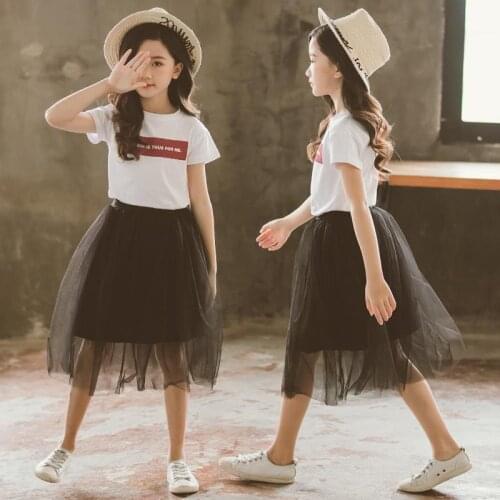 2 Pcs Children Summer Clothes Set Girls Short Sleeve T shirt + Mesh Skirt Fashion Outfits 6 8 10 12 13 Years Kids Clothing Suits