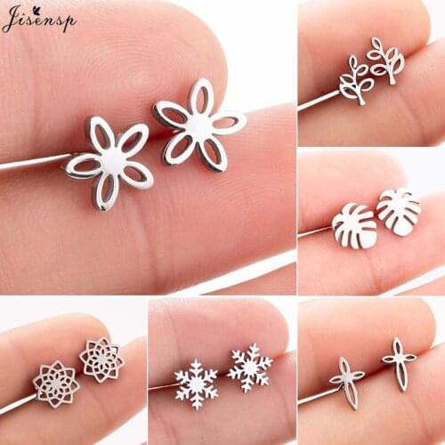 Jisensp Lovely Hollow Flower Stud Earrings Simple Fashion Flower and Leaf Stainless Steel Earrings for Women Girls Birthday Gift