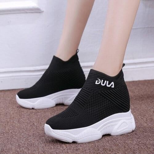 Dropshipping Women Spring Solid Wedge Sock Shoes Woman Thick Bottom High Top Shoes Female Breathable Knitted Chunky Sneakers