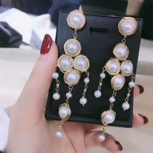 Exaggerating party jewelry very long dangle earring nice workmanship natural white genuine pearl beads crafted luxury jewelry