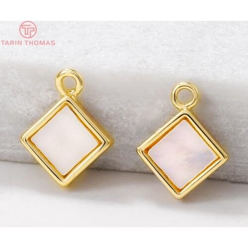 4PCS 9x11MM Hole 1MM 24K Gold Color Brass with Shell Square Charm Pendants for DIY Jewelry Making Findings Accessories