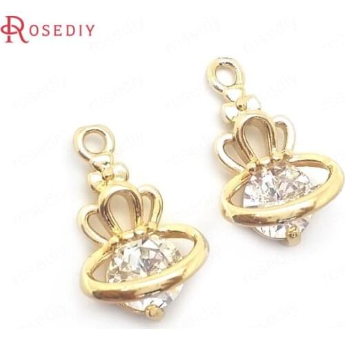 36430)10PCS 16x10MM 24K Champagne Gold Color Brass with Zircon with Crown Round Charms Pendants High Quality Jewelry Findings
