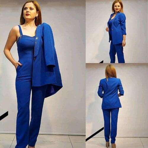 Fashion Elegant Women Jumpsuits Blazer Custom Made Shawl Lapel Beaded Coat Office Casual Daily Jacket 2 Pieces