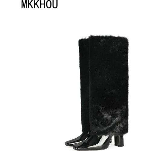 MKKHOU Fashionable Knee-Length Womens Boots New Winter Fur Boots Thick Heel 10cm High Heel Medium Long Boots Large Size 34-45
