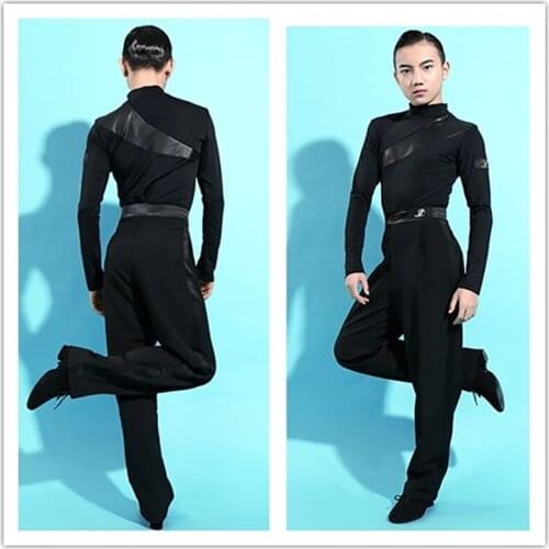 MenS Latin Dance Clothes Adult New Black Long-Sleeved High-Neck National Standard Dance Jumpsuit Latin Dance Costumes SL2628