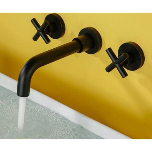 Modern Basin Set 3 Hole Silver Gold Black Brass Double Cross Handle Wall Mounted Bathroom Sink Faucet Hot Cold Tap In-Wall