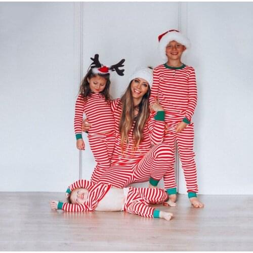 2021 New Family Christmas Pajamas Set Red White Striped Casual Mother Daughter Baby Kids Matching Clothes Long Sleeve Shirt Pant