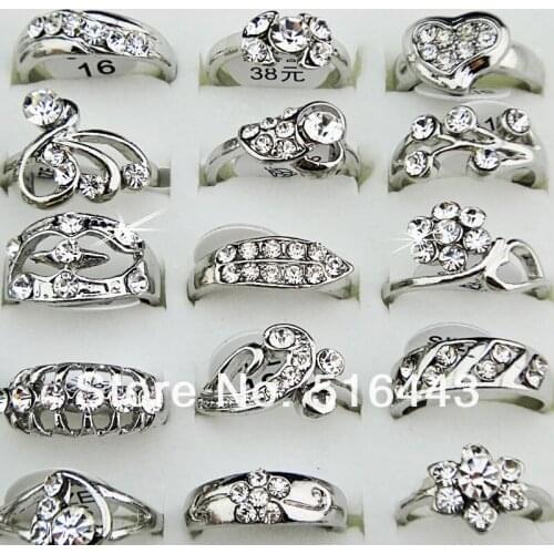 New 30pcs Crystal Rhinestones Fashion Women Girls Silve Plated Rings Wholesale Jewelry Lots A-028