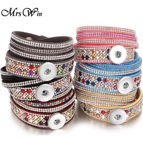 New Snaps Jewelry Vintage Crystal Leather 18mm Snap Button Bracelet Bangle Punk Multilayer Leather Bracelet Wrap Bracelets