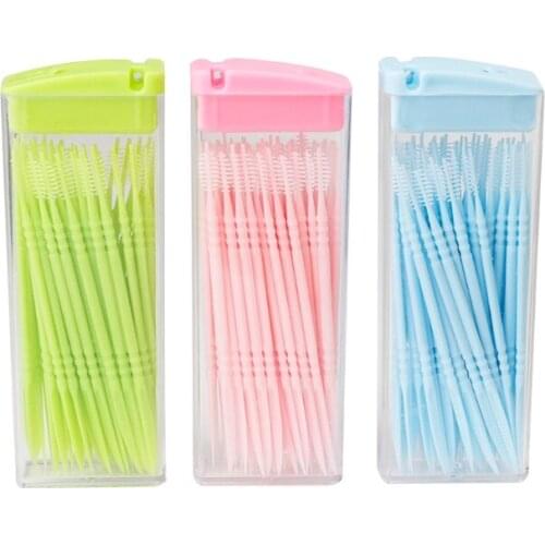 50 pcs / box Double-headed Dental Brush Teeth Sticks Floss Pick Toothpick Color Random