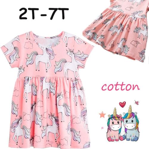 Selling 2021 Unicorn Floral Print Pink Dress Summer Girls Tops Dresses Baby Girls Clothes Dress Kids Cotton Short Sleeve Dress
