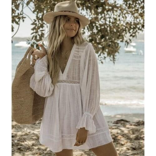 Sexy Bikini Cover Up Women Long Sleeve Beach Cover Up Female Lace Deep V-Neck Beach Blouse Holiday Skirt Summer Beachwear Lady