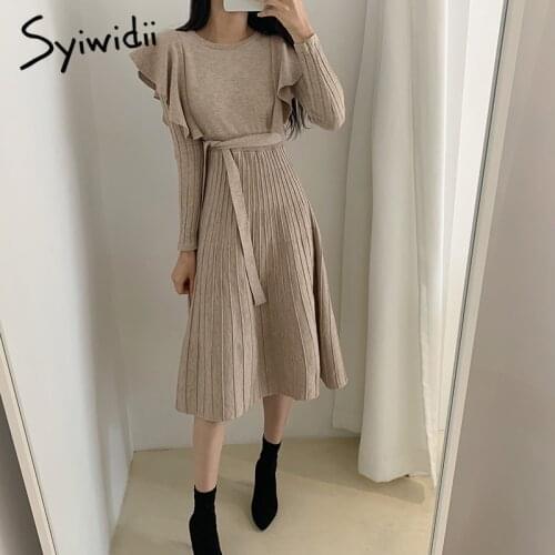 Syiwidii Vintage Knitting Dress for Woman Fall Winter 2021 Korean New Ruffles Long Sleeve O Neck Sweater Midi Dresses with Belt