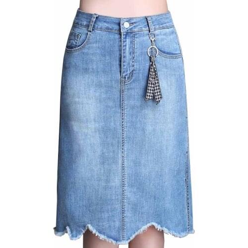 2019 Fashion Large size High waist denim skirt women summer Split hem Button pocket Jeans skirts female Casual A-line skirt G453