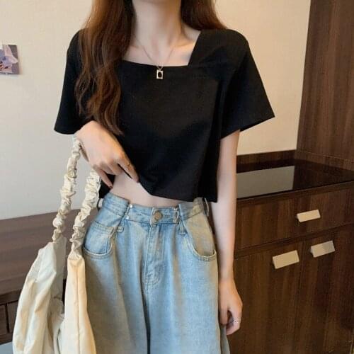 Summer New Style Korean Design Sense Square Neck Collarbone Shoulder T-shirt Women Short Sleeve Short Belly Button Top