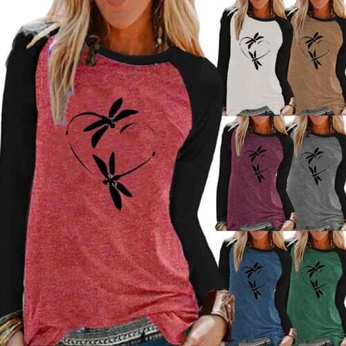 Autumn and Winter Fashion Women Printing Shirt Graphic Tee Raglan Round Neck Long Sleeve Loose Casual Shirt Plus Size Tops