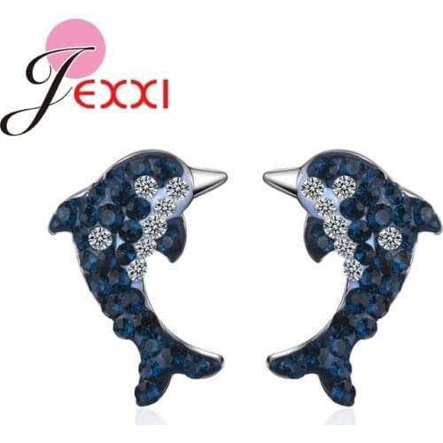 New Arrival Sweet Blue Setting Sparkling Crystal Animal Dolphin Design 925 Sterling Silver Stud Earring Woman Anniversary Gift
