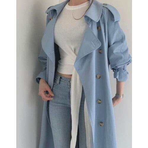 Autumn Winter Elegant Double Breasted Women Long Trench Coats Long Sleeve Loose Belted Split Female Blue Windbreaker