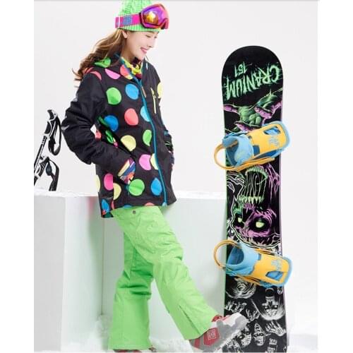 Women Waterproof Ski Suit Female Winter Outdoor Riding Climbing Snow Costumes Black With Colorful Dots Jacket And Green Pants