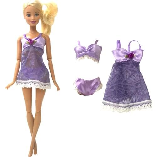 1 Set Doll Pajamas Purple Lace Lingerie Bra + Underwear + Night Dress Nightwear Bikini Clothes for Barbie Doll Accessories