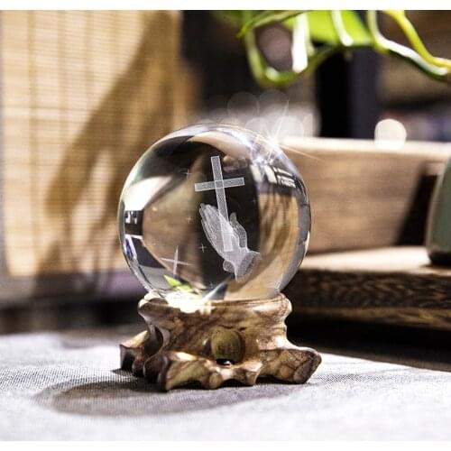 H&D 60mm Cross With Praying Hand Status 3D Laser Crystal Ball Figurine on Wooden Stand Modern Home Decor Perfect Christian Gift