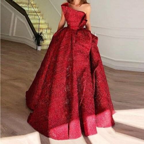Glitter Lace Ball Gown Evening Party Dress Elegant Strapless Arabic Prom Formal Dresses 2020 Red Pageant Gowns robe de soiree