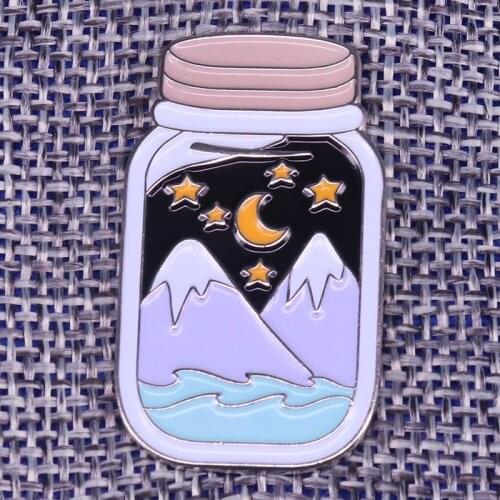Snow mountain jar brooch moon and stars badge Alaska landscape pin adventure jewelry nature lover gift travel accessory