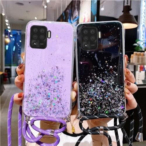 For OPPO A94 A91 A31 Case Soft Silicone Shockproof Case For OPPO A9 A5 2020 F11 Pro A77 A79 A83 F5 Bling Glitter Lanyard Cover